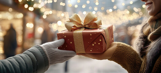 &Uuml;bergabe eines weihnachtlich verpackten Geschenks auf dem Weihnachtsmarkt in der Innenstadt