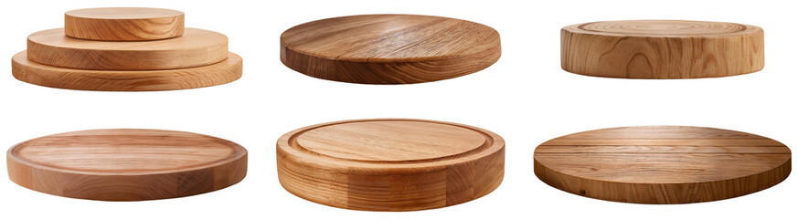 Set of six wooden podium for eco-friendly product presentations. Close-up, cut out, isolated on transparent background, png photo