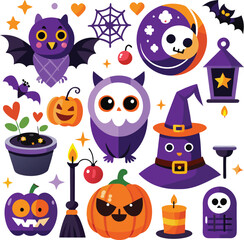 Halloween Cute Cartoon Icons Set With Bats
