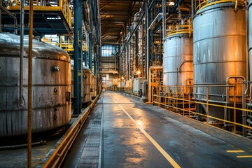 Naklejka premium Factory with large vats of chemicals, industrial production, safety first