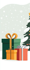 Festive Christmas gifts are beautifully arranged beside decorated tree, creating joyful holiday atmosphere. scene captures magic of giving and celebration