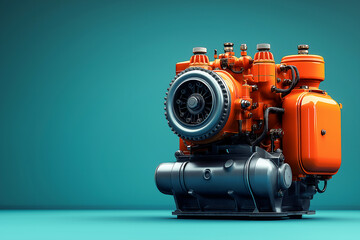 Close-up of orange Industrial Compressor Engine with Metallic Details and Cylindrical Components. Copy Space. Ideal for Industrial, Engineering, and Manufacturing themes.

