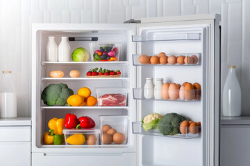 Open fridge filled with dairy, fresh vegetables, fruits, and eggs, symbolizing healthy eating and an organized kitchen interior.