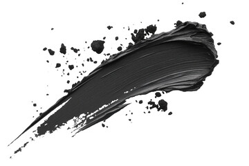 Black mascara smear isolated on transparent background. Textured, voluminous mascara stroke with small pieces of dry ink, paint. Isolated png element.