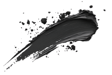 Black mascara smear isolated on transparent background. Textured, voluminous mascara stroke with small pieces of dry ink, paint. Isolated png element.