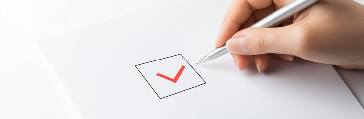 Hand holding a pen marking a red check in a box on white paper, symbolizing completion or approval. Ideal for surveys or checklists.