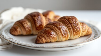 Freshly baked croissants placed on a white plate, photographed against a white background, offering a simple and elegant breakfast snack.