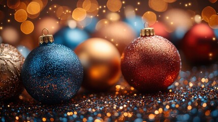 Glittering Christmas baubles in vibrant hues sparkle amidst festive lights, evoking holiday cheer and seasonal warmth.