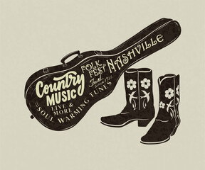 western country music vector design, Nashville folk music fest artwork t shirt, poster, graphic print, guitar case with cowboy boots vector art