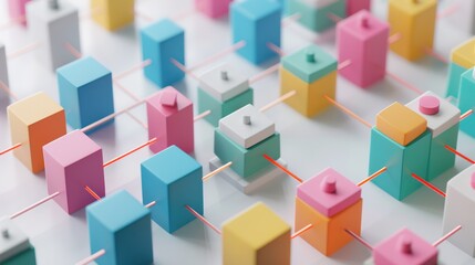 Obraz premium Abstract Colorful 3D Cubes and Lines Interconnected on a White Surface