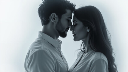 Tender Artistic Black and White Close-up Portrait of a Loving Couple Against a White Background for Luxurious Wallpaper