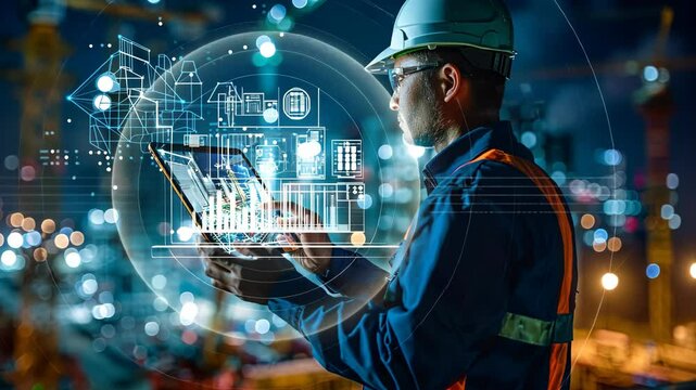 Construction worker using tablet for urban project planning in a nighttime cityscape with digital overlays