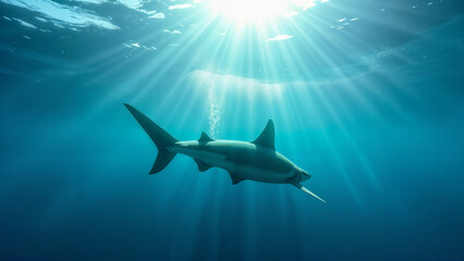 Fototapeta premium Spectacular Wide Shot of a Shark Fin Gracefully Gliding Through Transparent Ocean Waters, Surrounded by Lively Marine Ecosystem.