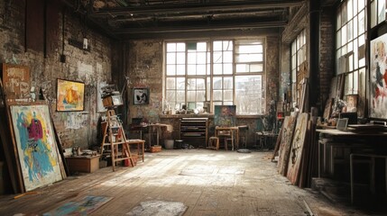 Artistic Studio with Sunlight Streaming Through Large Windows