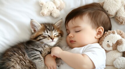 Sweet Bond of Baby and Kitten on Soft Pillow