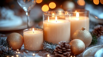 Candle-lit holiday dinner with festive decorations, creating a warm and elegant atmosphere for a special celebration