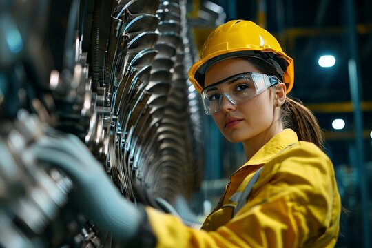Female engineer inspecting machinery in a power plant, focused expression, industrial background