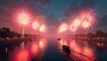 Vibrant fireworks over a river at dusk, celebrating Lunar New Year, festive mood