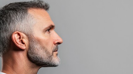 Obraz premium A mature man with salt-and-pepper hair and a neatly trimmed beard stands in profile against a soft gray backdrop, appearing deep in thought or reflection during a calm moment