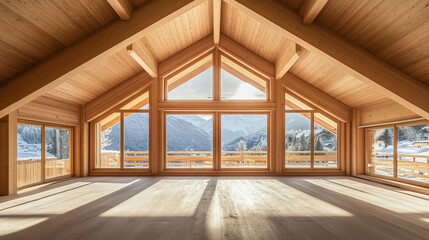 An empty interior of a wooden chalet with a beautiful winter landscape view and large windows