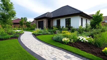 Sustainable landscape design being implemented around a new housing development, showcasing the integration of nature and eco-friendly urban planning