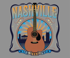 Nashville country music festival vector design, American country music vintage poster design, western music fest artwork for t shirt, poster, graphic print, card 