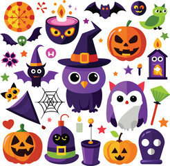 Halloween Cartoon Icons Set Witch Owl Pumpkin Bat