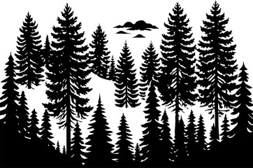 Forest Silhouette with Tall Pine Trees, victor illustration 