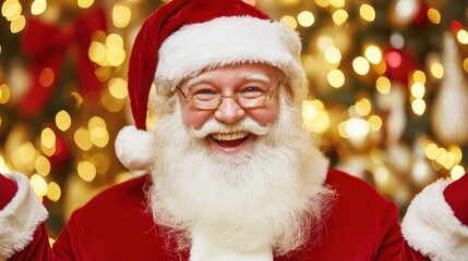 A joyful Santa Claus with a big smile is surrounded by warm, glowing lights, celebrating the holiday season and spreading cheer to everyone around