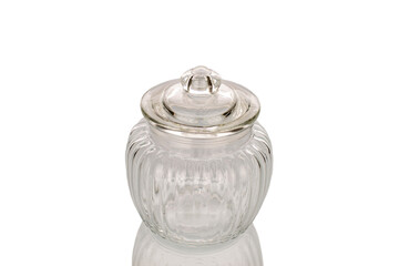 One decorative glass jar, macro, isolated on white background.