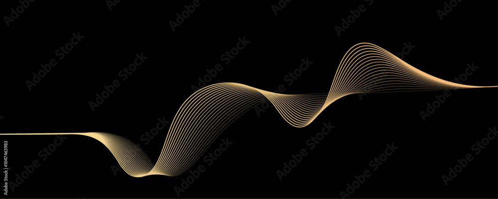 Poster 3D vector pattern of gold waves in a smooth curve, flowing dynamic golden gradient wavy lines isolated on black background concept of luxury, digital, AI, technology, communication, science, music
