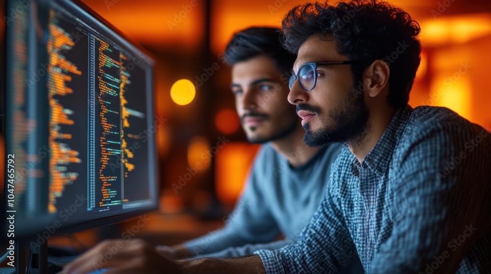Poster two developers are focused on their screens, collaborating on coding tasks in a warm, dimly lit offi