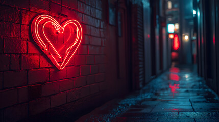 Heart shaped neon sign lighting up a dark urban hallway in romantic and mysterious atmosphere, with copy space on the right for advertising. Valentine's Day concept.