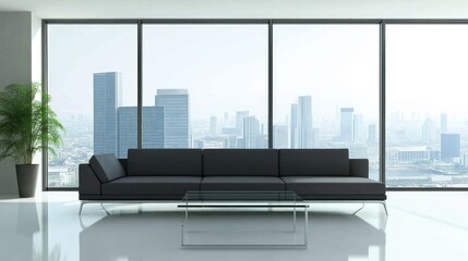 Modern Living Room with City View Through Large Windows