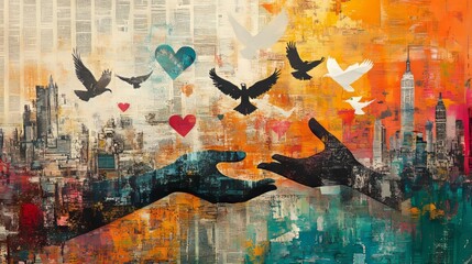 Obraz premium Abstract art of hands reaching with doves and hearts