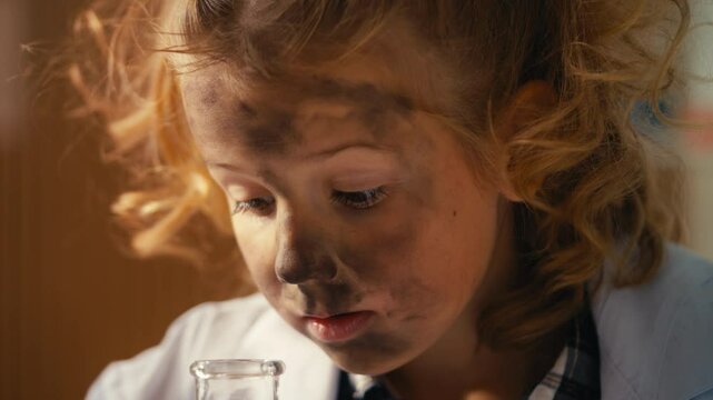 Funny schoolgirl holding lab flask after unexpected lab experiment reaction