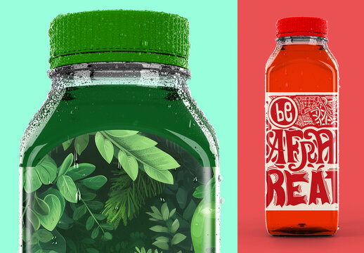 Plastic Square Bottle Juice Mockup PSD, Realistic Layered Photoshop Template for Custom Label Design