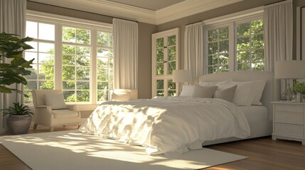 Serene Bedroom with Natural Light and Greenery View