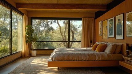 Fototapeta premium Modern Serene Bedroom with Natural Light and Green View