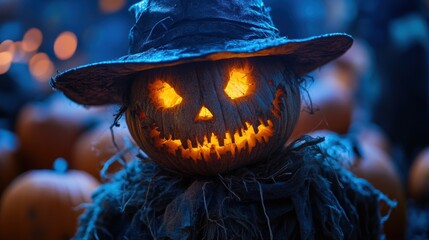 Spooky scarecrow standing in a pumpkin patch under a full moon, capturing the eerie mood of Halloween in rural settings