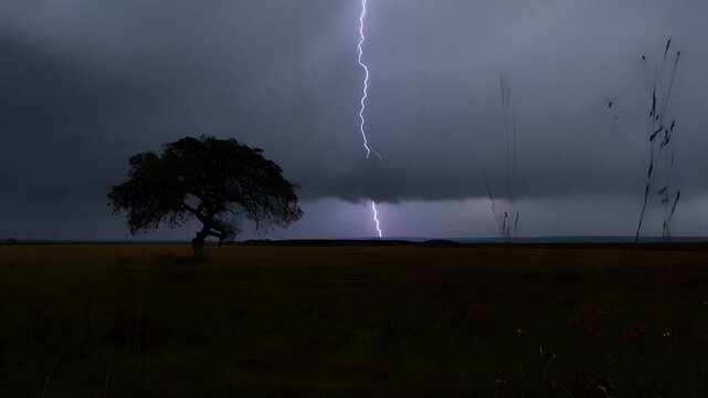 Lightening strikes over a single tree