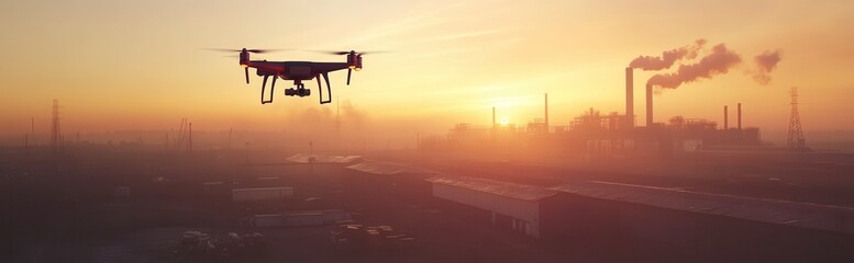 Drone industry, sunset, thecnology evolvment using drones, futuristic solutions, advance tech, a theme.