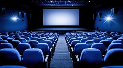Naklejka premium Empty movie theater with blue seats and large screen