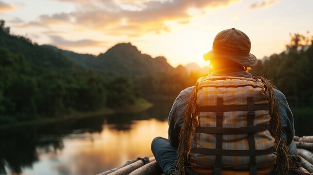 Survival enthusiast builds a raft from fallen logs and vines by the riverbank, preparing for an adventurous escape