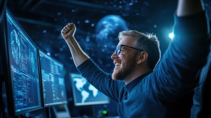 Team of IT workers celebrating after successfully defending against a cybersecurity threat, showcasing the teamwork and quick thinking required in tech security