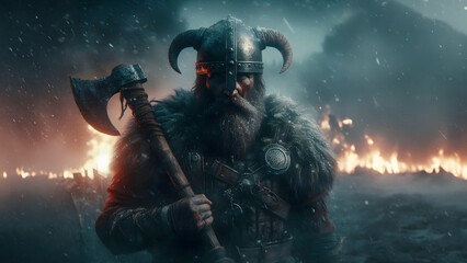 viking at war with axe and horned helmet