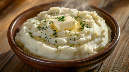 Bowl of steaming mashed potatoes topped with butter and parsley. (4)