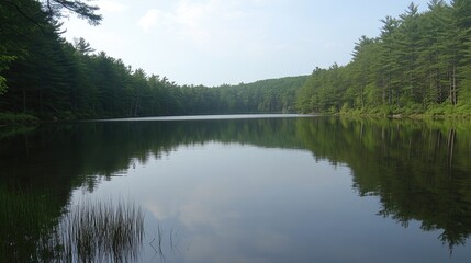 Fototapeta premium Serene Lake Surrounded by Lush Green Forest