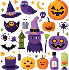 Fototapeta premium Halloween Cartoon Illustration Featuring Ghosts, Pumpkins, and Witches