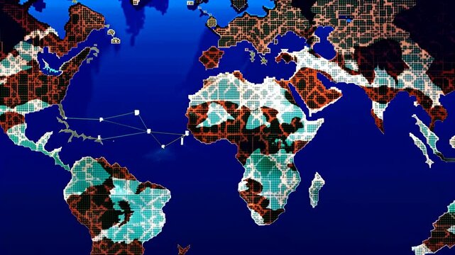 A map of the world with a red and black color scheme. The map is showing the continents of Africa and South America